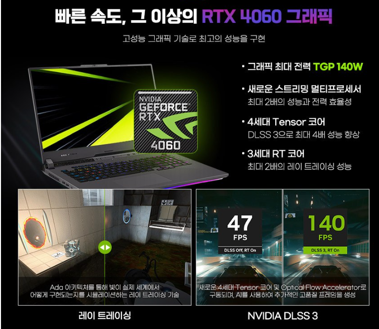 에이수스 2023 ROG 스트릭스 G17는 가격대비 고성능의 RTC-4060을 장착하여 최고의 게임효율을 만든다.